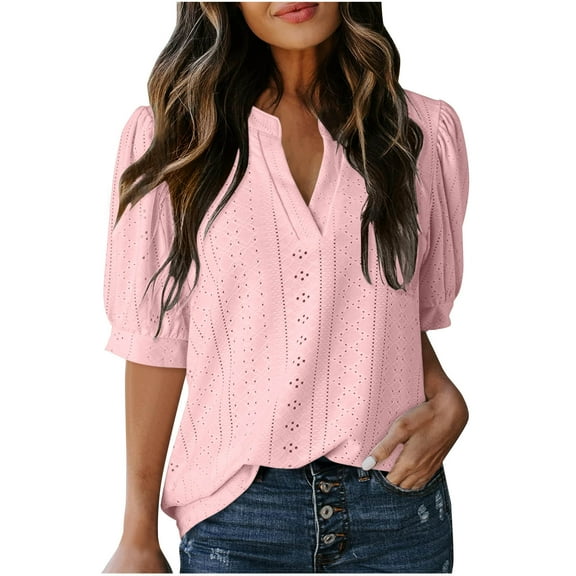 Summer Tops for Women 2025 Trendy Casual Puff Short Sleeve Shirts Summer Henley V Neck T Shirt Tunic Tops (Pink M)