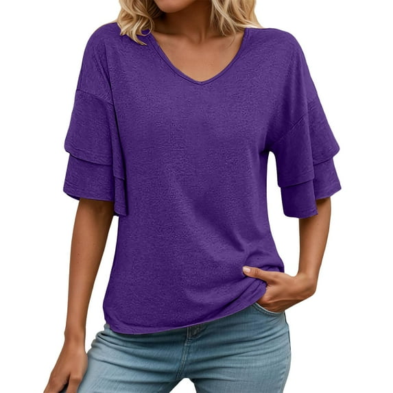Summer Tops for Women 2025 Trendy Ruffle Short Sleeve V-Neck Double Layer Shirts Business Casual Dressy Classic Fit Tees Z001-Purple M