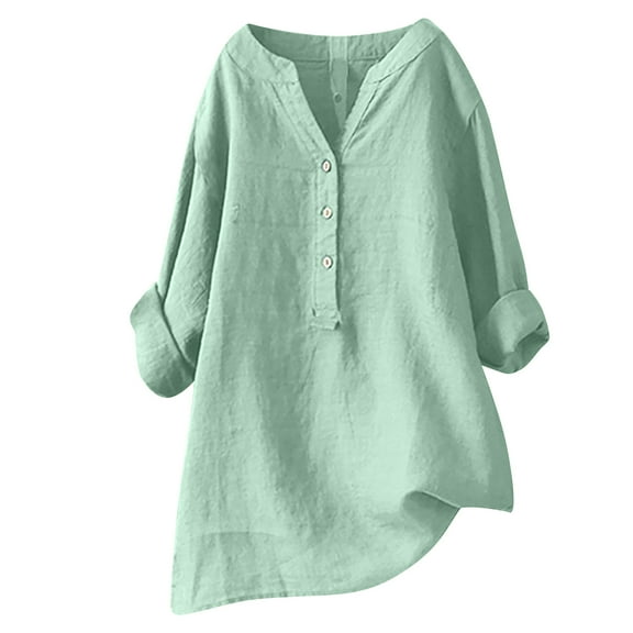 Summer Tops for Women 2025 Trendy Short Sleeve Cotton Linen Shirt Casual Button V Neck Tunic Blouses Outfits Green XXL