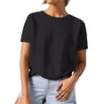 thumbnail image 1 of Summer Tops for Women 2025 Trendy Short Sleeve Round Neck Textured Knit T Shirts Business Casual Work Outfit Blouses Black L, 1 of 5