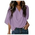 thumbnail image 1 of Summer Tops for Women V-Neck Solid Color Chiffon Blouse Casual Loose Comfy Short Sleeve Tunic Tee Shirts, 1 of 3