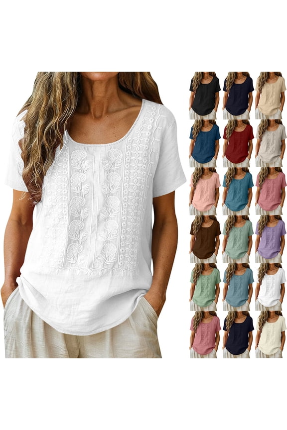 Summer Tops for Women 2026 Cotton Linen Solid Color Crew Neck Embroidered Loose Short-Sleeve Top Casual Work Soft Basic Tees for Ladies
