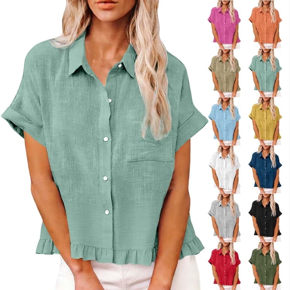 Summer Tops for Women 2026 Fashion Spring Clothing Fabric Solid Color Front Pocket Hem Fringe Short Sleeve Flared Collar Top