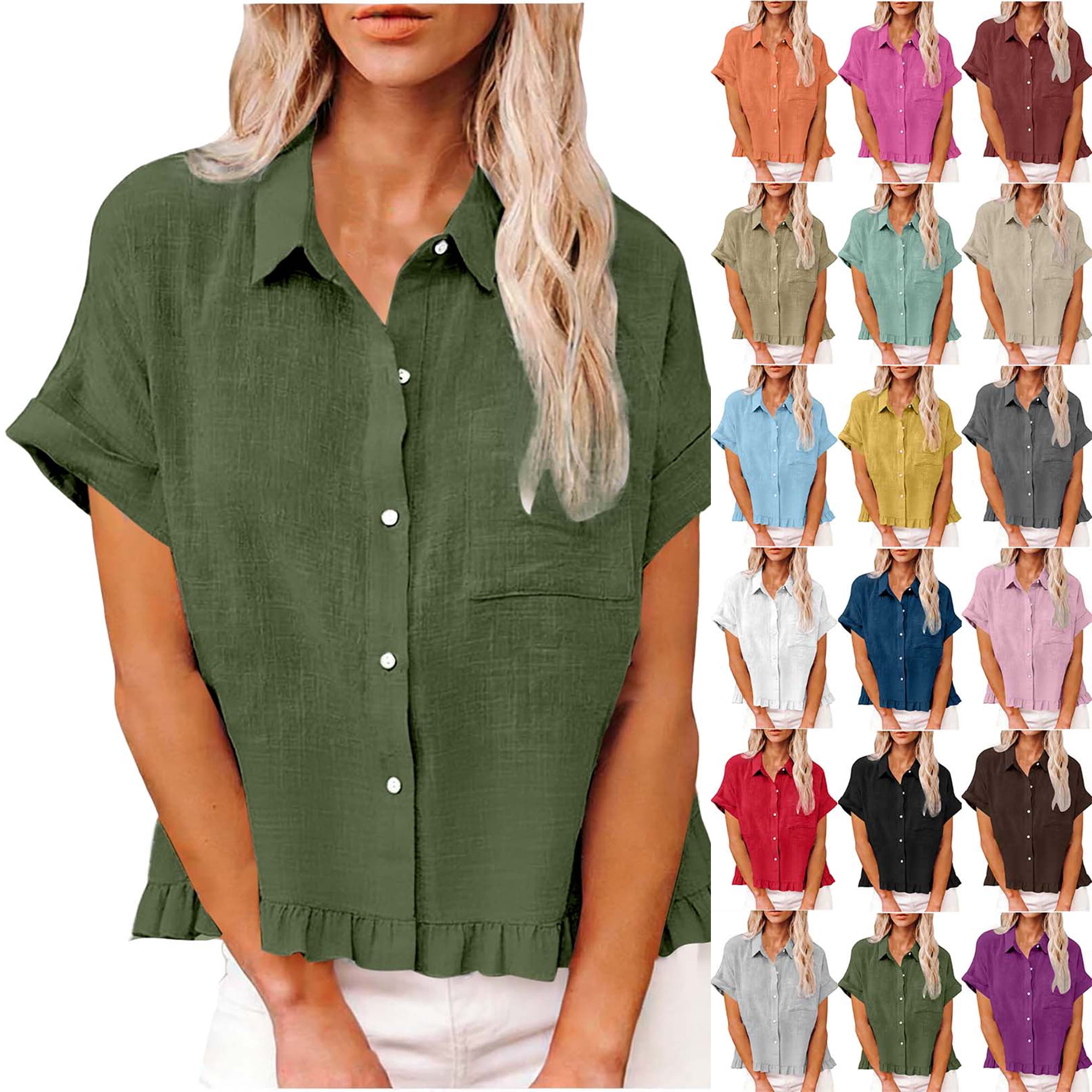 Summer Tops for Women 2026 Fashion Spring Clothing Fabric Solid Color Front Pocket Hem Fringe Short Sleeve Flared Collar Top