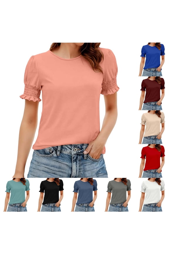 Summer Tops for Women 2026 Fashion Spring/ Clothing Solid Color Base T-Shirts Lace Sleeve Short Sleeve Round Neck Top/T-Shirts