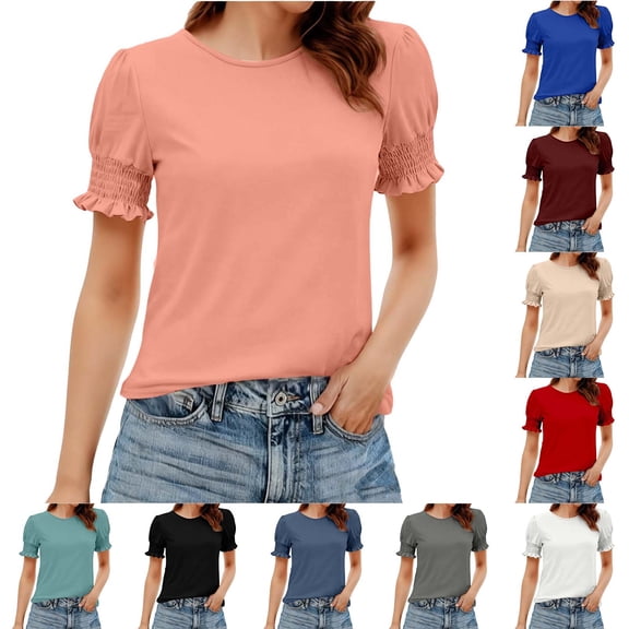Summer Tops for Women 2026 Fashion Spring/ Clothing Solid Color Base T-Shirts Lace Sleeve Short Sleeve Round Neck Top/T-Shirts