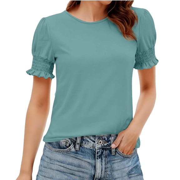 Summer Tops for Women 2026 Fashion Spring/ Clothing Solid Color Base T-Shirts Lace Sleeve Short Sleeve Round Neck Top/T-Shirts