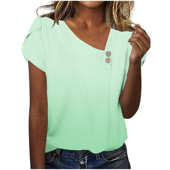 Summer Tops for Women 2026 Gradual Casual Short Sleeve T-Shirt Fashion Slanted Neck Button Shirts