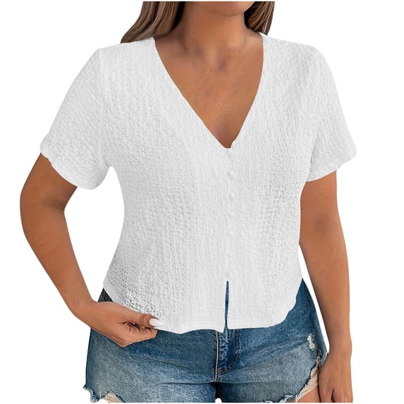 Summer Tops for Women 2026 Ladies Solid Color V-neck Button-down Short-sleeved Casual Top