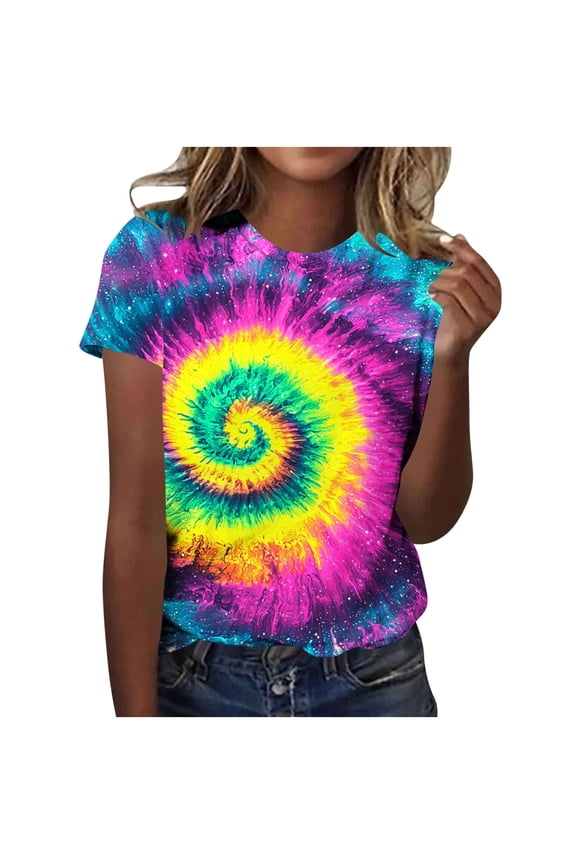 Summer Tops for Women 2026 Rainbow Tie Dye Shirt Short Sleeve Casual Summer Vacation Going Out Tee