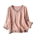 thumbnail image 1 of Summer Tops for Women 3/4 Length Sleeve Cotton Embroidered Plus Size Shirts Crew Neck Fashion Casual Blouses (2XL, Pink), 1 of 2