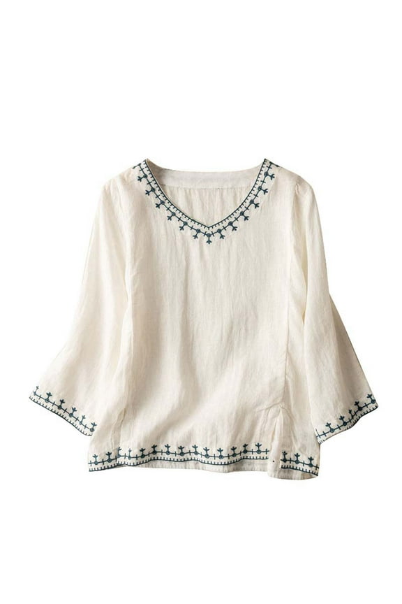 Summer Tops for Women 3/4 Length Sleeve Cotton Embroidered Plus Size Shirts Crew Neck Fashion Casual Blouses (XL, White)