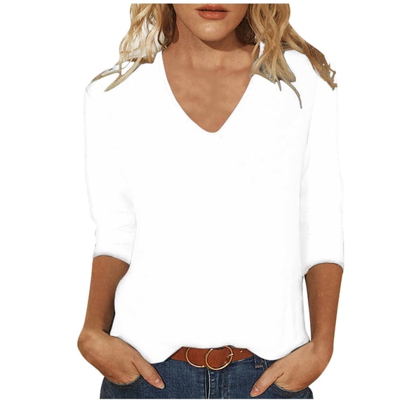 Summer Blouses for Women Basic V Neck Tops Dressy Casual 3/4 Length Sleeve T-shirts Women Loose Fit Pull On Tops Plus Size Fall Outfits