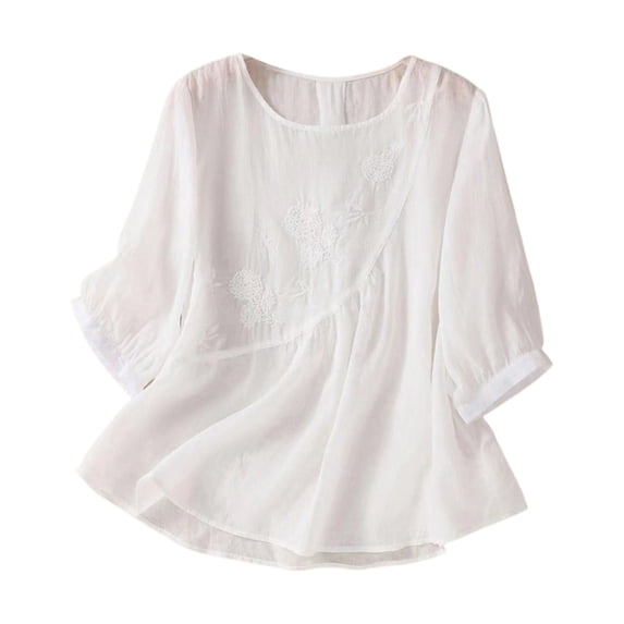 Summer Tops for Women 3/4 Sleeve Cotton Linen Shirts For 2025 Summer Retro Embroidered Tops Casual Trendy Vacation Blouse Cute Summer Tops1 PC