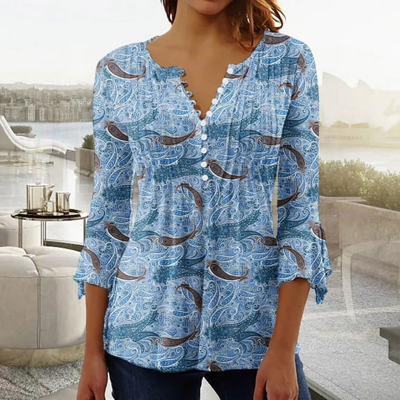 Summer Tops for Women 3/4 Sleeve Pleated Tops on Clearance Dressy Casual Summer Shirts New Arrivals Blue XL