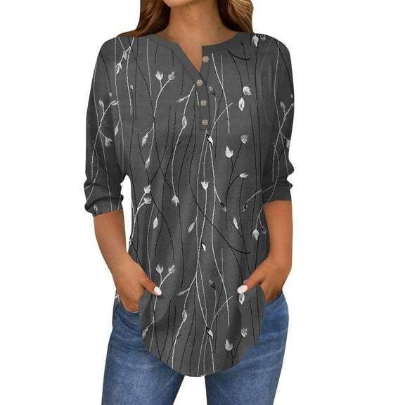 Summer Tops for Women 3/4 Sleeved Collar Button Up Floral Lightweight Easy Care Versatile Grey Tshirts for Women M