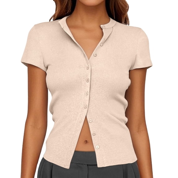 Summer Tops for Women Button Up Ribbed Short Sleeve Cardigan Pure Color T Shirt Womens Shirts Khaki XL