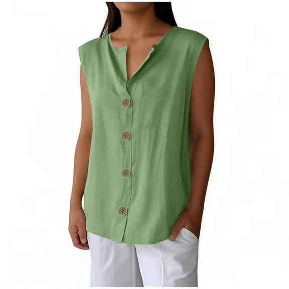 Summer Tops for Women Button up Plus Size Sleeveless V-Neck Summer Casual Loose Fitness Shirts for Women Beach Vacation Fashion Green M