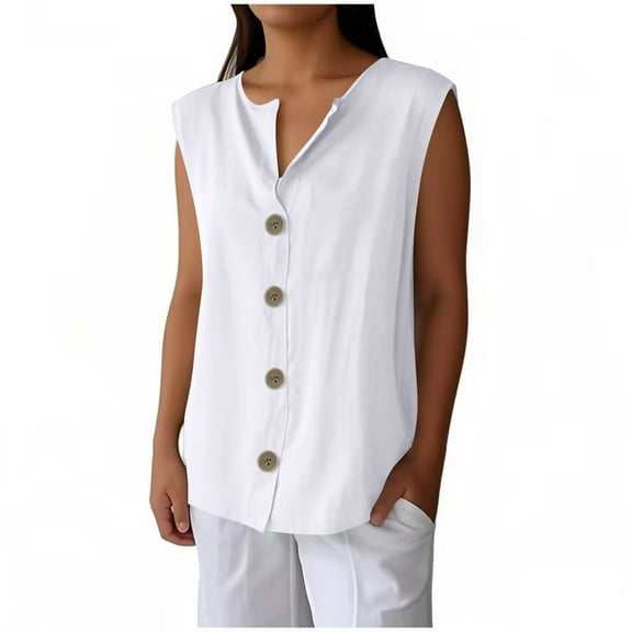 Summer Tops for Women Button up Plus Size Sleeveless V-Neck Summer Casual Loose Fitness Shirts for Women Beach Vacation Fashion White S