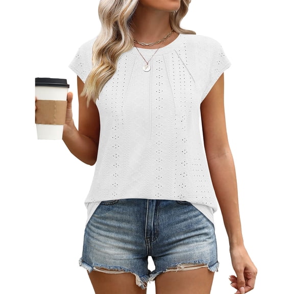 Summer Tops for Women Cap Sleeve Eyelet Shirts Pleated Loose Fit Dressy Casual Blouse