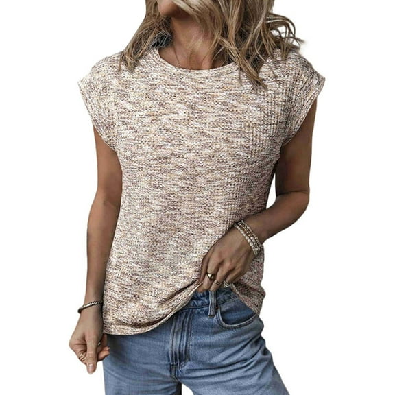 Summer Tops for Women Casual Crew Neck Waffle Knit Cap Sleeve Shirts Loose Fit Blouses Top M