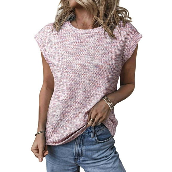 Summer Tops for Women Casual Crew Neck Waffle Knit Cap Sleeve Shirts Loose Fit Blouses Top Pink XL