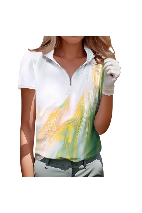 Summer Tops for Women Casual Dressy Short Sleeve Golf Shirt Plus Size Floral Printed Collared Quarter Zipper Blouses