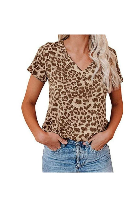 Summer Tops for Women Casual Leopard Print Camo Print V Neck Short Sleeve Fashion T Shirts for Women Brown M