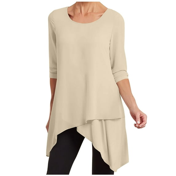 Summer Tops for Women Casual Long Sleeve Round Neck Pullover T-Shirt Lightweight Trendy Irregular Hem Dressy Blouses Plus Size