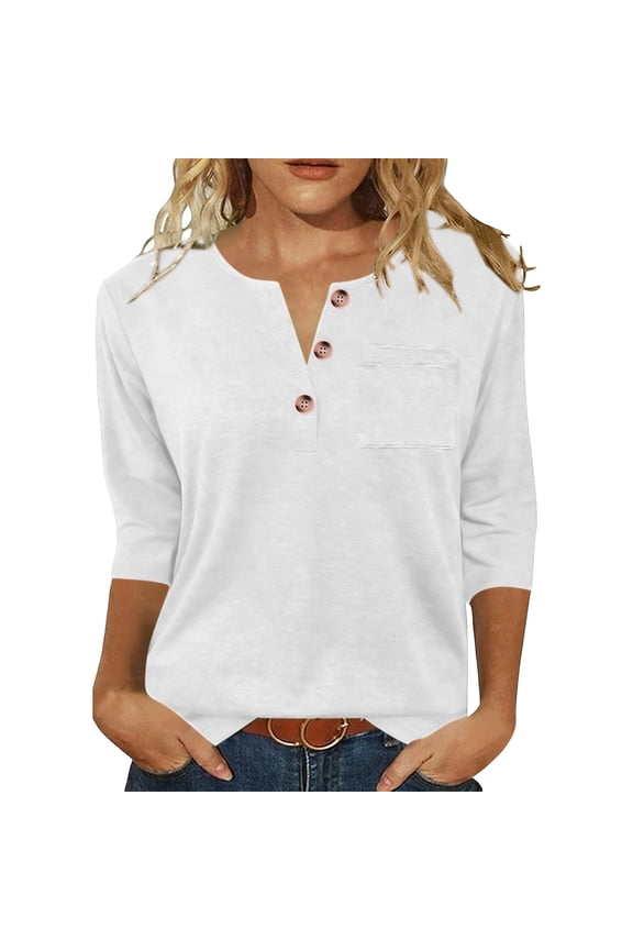 Summer Tops for Women Casual Relaxed Fashionable Wave-shaped Neckline 3/4 Sleeve Top