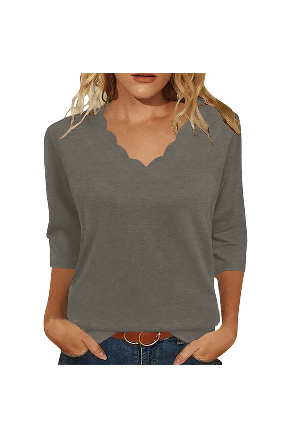 Summer Tops for Women Casual Relaxed Fashionable Wave-shaped Neckline 3/4 Sleeve Top