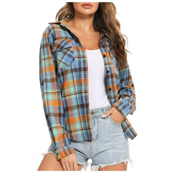 Summer Tops for Women Casual Roll Up Long Sleeve Boyfriend Plaid Button Down Flannel Shirts for Women Blue L