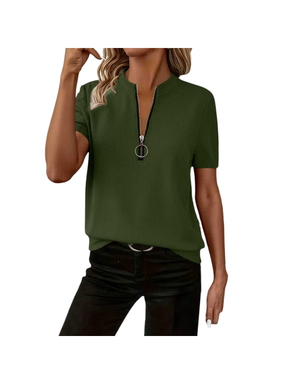 Summer Tops for Women Casual Short Sleeve Athletic Tops Half Zip Workout Shirts Trendy Mock Neck Work Business Blouses on Sale