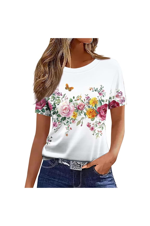 Summer Tops for Women Casual Short Sleeve Blouses Crew Neck T Shirts Floral Graphic Tees Trendy Clothes Blusas Para Mujer