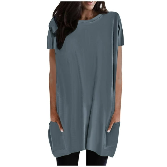 Summer Tops for Women Casual Short Sleeve Crewneck T Shirts with Pockets Solid Loose Fit Comfy Spring Blouses Tunics