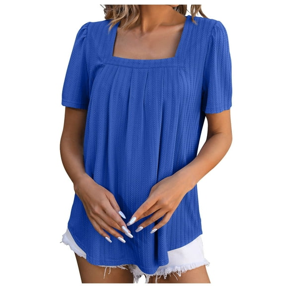 Diufon Summer Tops for Women Casual Short Sleeve Square Neck Pleated Top Trendy Loose Solid Color Blouse