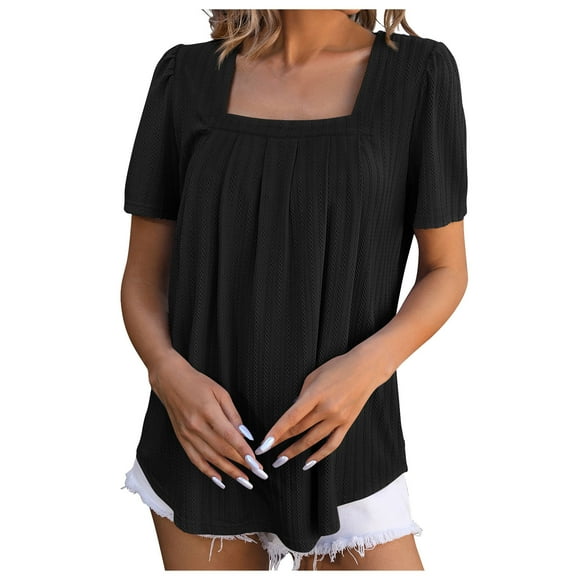 Diufon Summer Tops for Women Casual Short Sleeve Square Neck Pleated Top Trendy Loose Solid Color Blouse