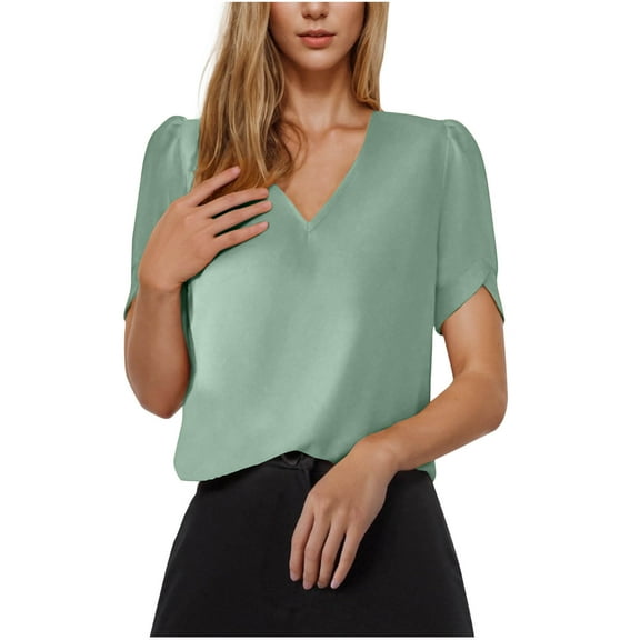 Summer Tops for Women Casual Solid Color Short Sleeve Fold V Neck Ladies Fashion Loose Top Blouse