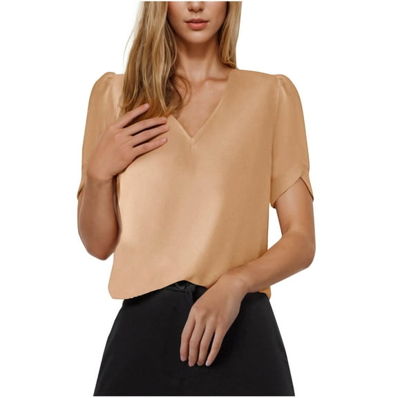 Summer Tops for Women Casual Solid Color Short Sleeve Fold V Neck Ladies Fashion Loose Top Blouse