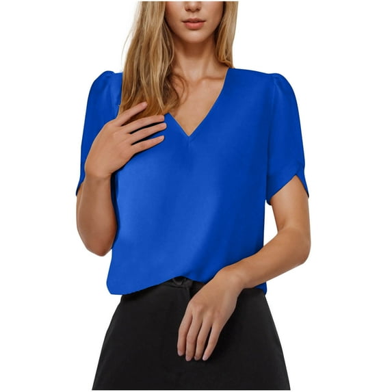 Summer Tops for Women Casual Solid Color Short Sleeve Fold V Neck Ladies Fashion Loose Top Blouse