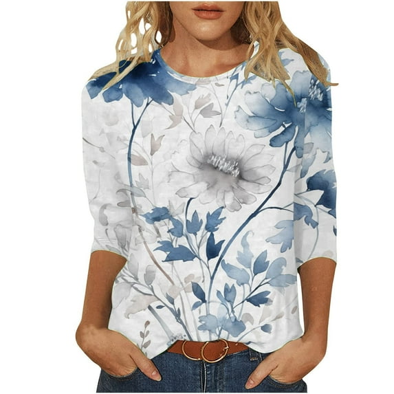 Summer Tops for Women Casual Three Quarter Sleeve Crew Neck Vintage Print Graphic Loose Large T Shirts for Women Blue XXL
