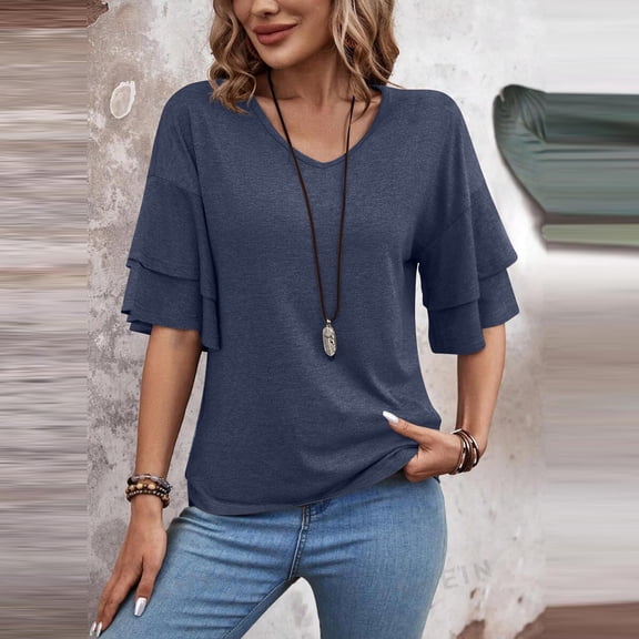 Summer Tops for Women Casual Trendy Solid Color V Neck Tunic Basic T Shirts Ruffled Half Sleeve Lightweight Blouses Navy S
