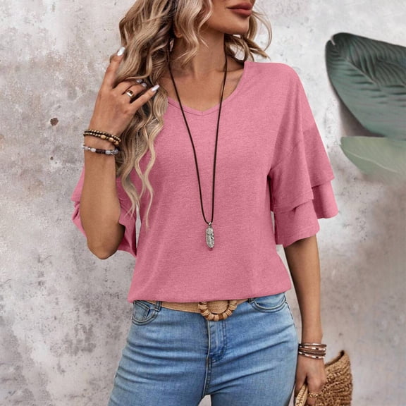 Summer Tops for Women Casual Trendy Solid Color V Neck Tunic Basic T Shirts Ruffled Half Sleeve Lightweight Blouses Pink XL