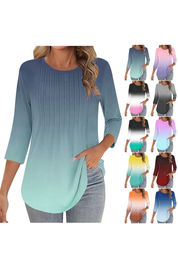 Summer Tops for Women Casual and Printed T-shirt with Round Neck 3/4 Sleeved Top 2026 Summer Outfits Navy XL