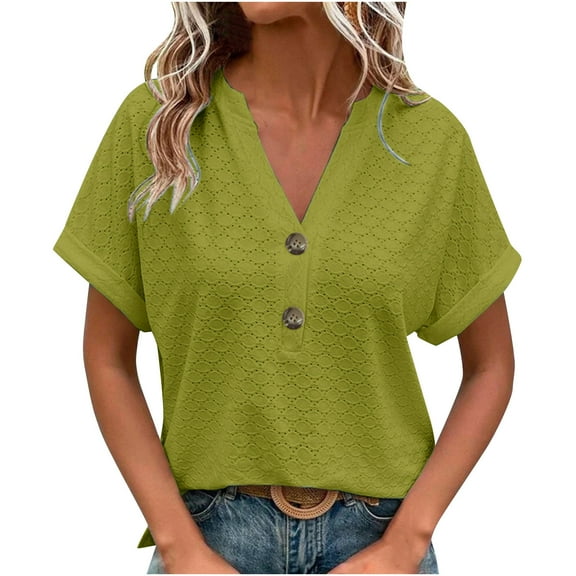 Summer Tops for Women Trendy 2025 Short Sleeve Button V Neck Shirts Dressy Casual Loose Ladies Blouses