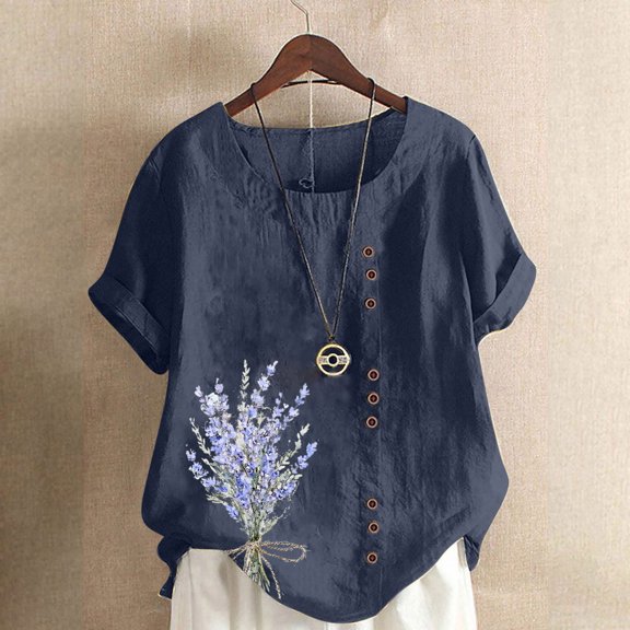 Summer Tops for Women Under $10 Plus Size Casual And Linen Round-Neck Top Printed Short Sleeve Button T-shirt Blouse