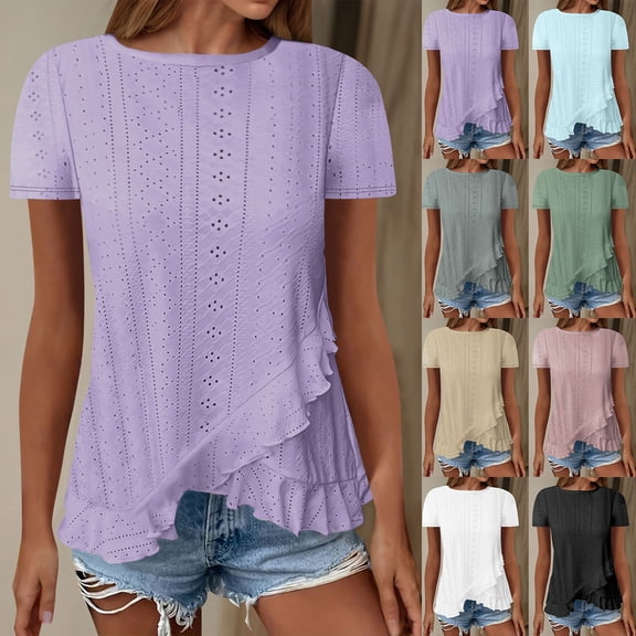 Summer Tops for Women Clothing Ladies Crew Neck Shirts Ruffle Trim Clothes Short Sleeve Tshirt Black L