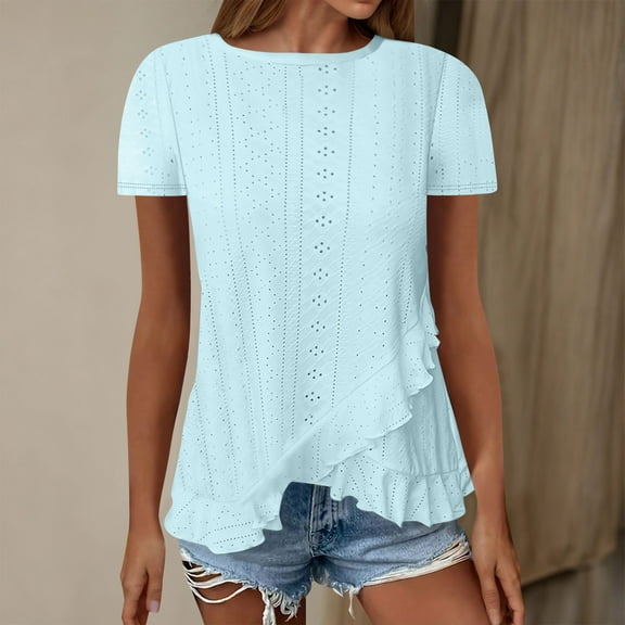 Summer Tops for Women Clothing Ladies Crew Neck Shirts Ruffle Trim Clothes Short Sleeve Tshirt Light Blue L