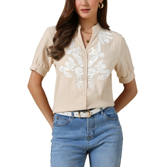 Summer Tops for Women Cotton Floral V Neck Short Sleeve Shirt Embroidered Blouses Tunic M Beige