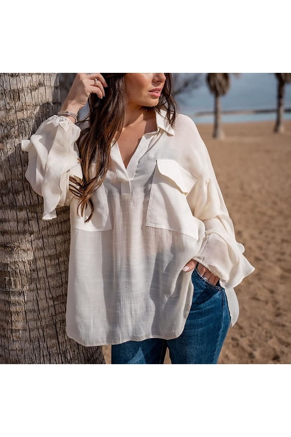 Summer Tops for Women Cotton Linen Long Sleeve Thin Collared Cover up Shirts Loose Lightweight Beach Tops